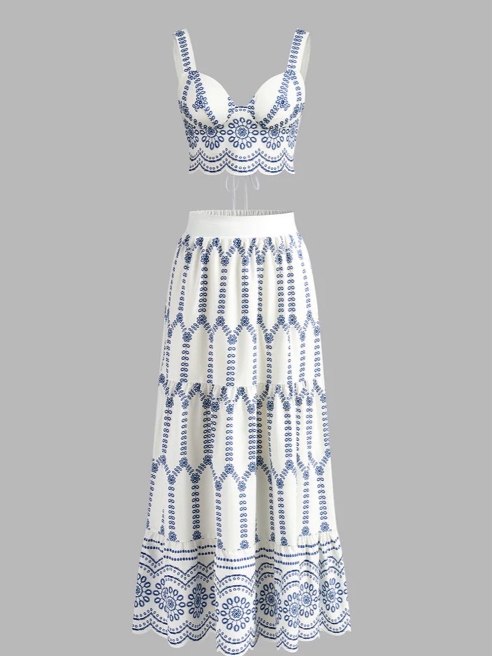Commense White and Blue Embroidered Tiered Maxi Skirt
